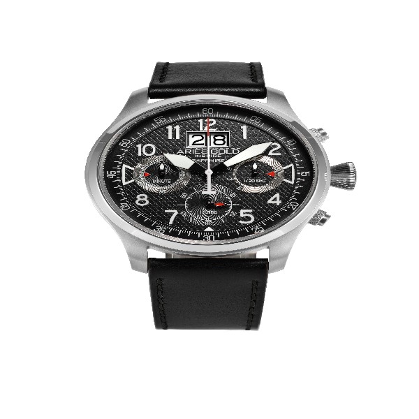 ARIES GOLD CHRONOGRAPH INSPIRE HURRICANE SILVER STAINLESS STEEL G 750A S-BKR BLACK LEATHER STRAP MEN'S WATCH